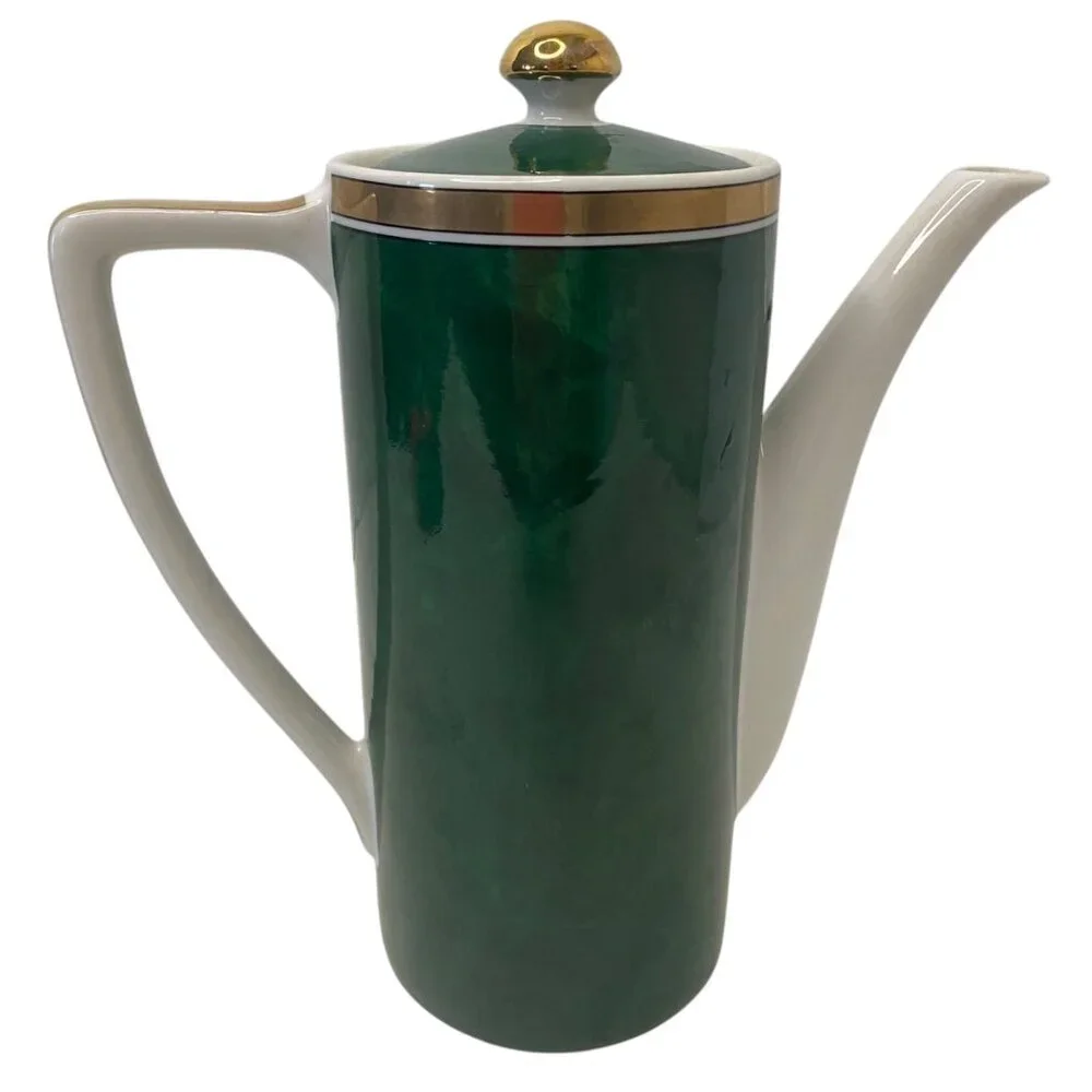 Vintage Otagiri Malachite Green Gold Trim Porcelain Coffee/Tea Pot‎ Retro 6.5
